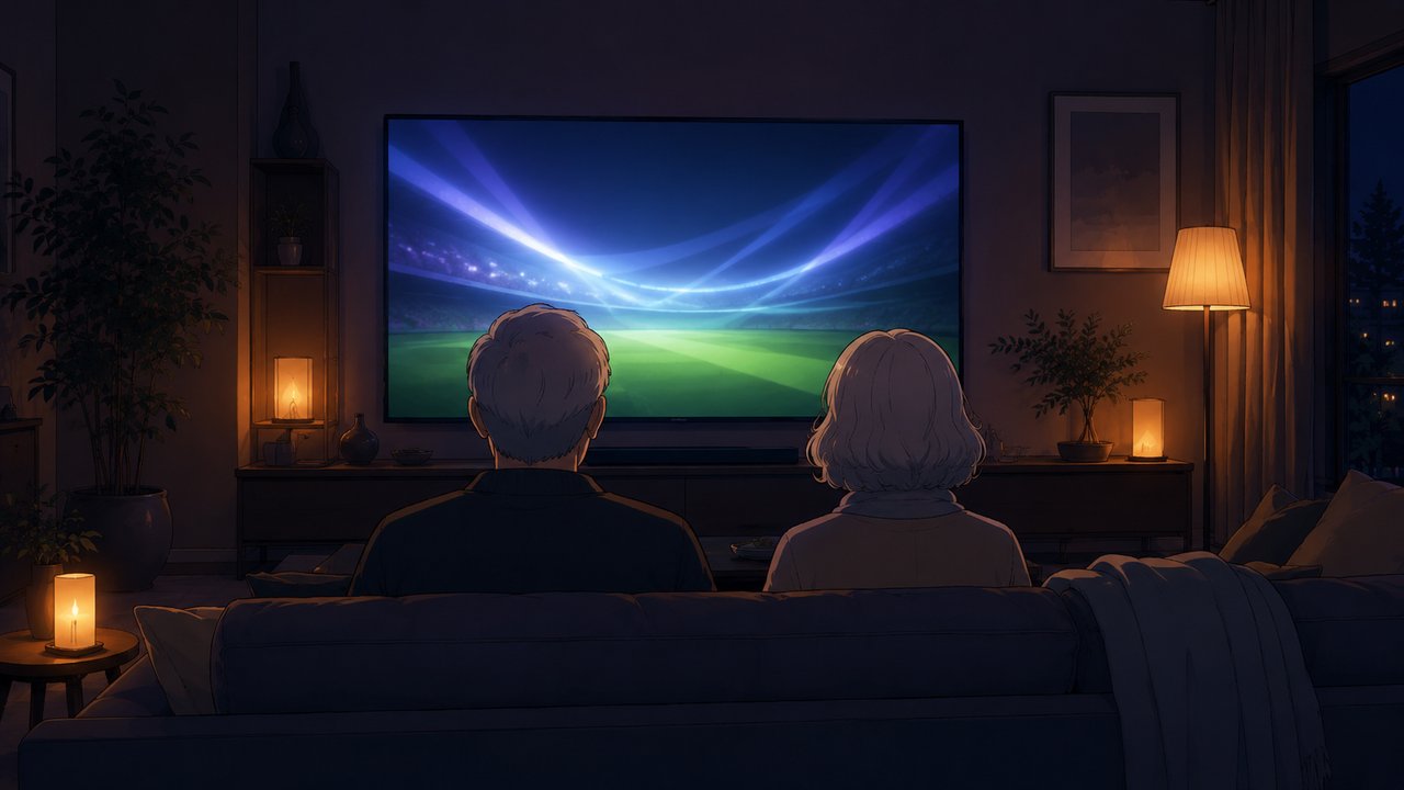 夜のリビングのソファに並んで腰かけ、大きなテレビ画面をゆっくり見ている二人の後ろ姿