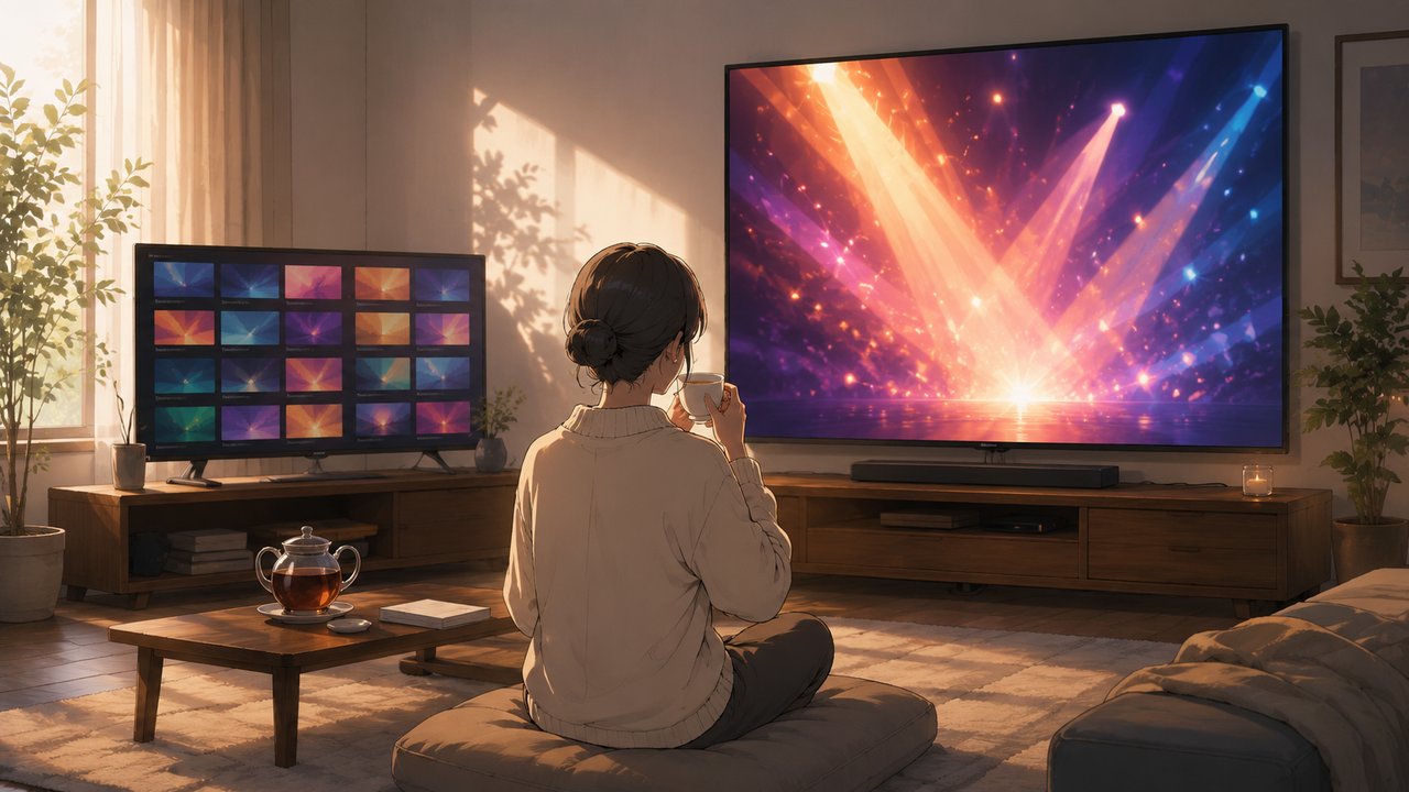 窓辺から差し込む柔らかな朝の光の中、湯呑みを手にテレビ画面を見つめる女性の後ろ姿