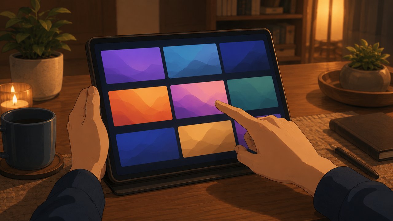 タブレットに並んだ配信サービスの一覧から見たい作品を選ぼうとしている手元のアップ