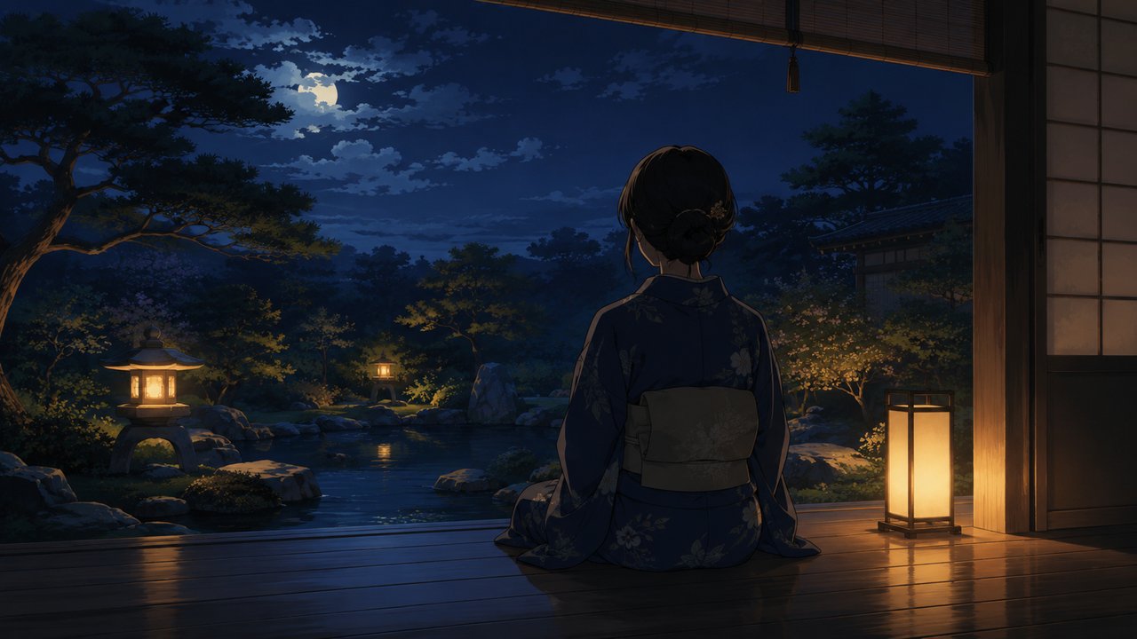 行灯の明かりに照らされ縁側で静かに庭を眺める着物姿の人物の後ろ姿