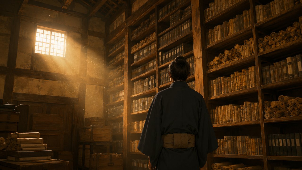 蔵の中でずらりと並ぶ古い巻物の棚を見上げる和装の人物の後ろ姿