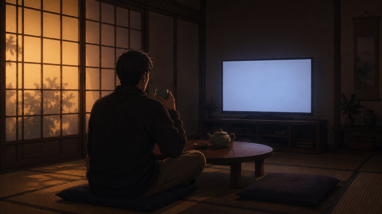 夕暮れの和室で、ちゃぶ台にお茶を置き、テレビの明かりをひとり静かに眺める男性の後ろ姿