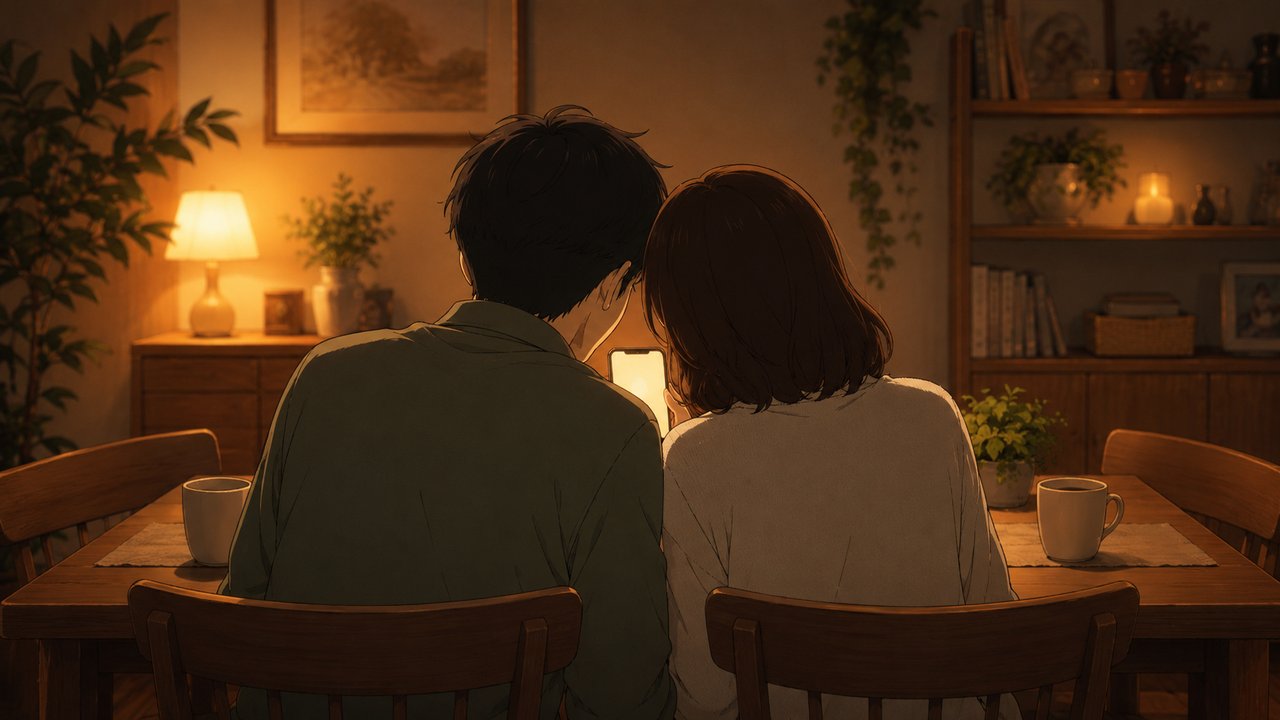 あたたかな照明のリビングで、肩を寄せ合ってスマートフォンの画面をのぞき込む二人の後ろ姿