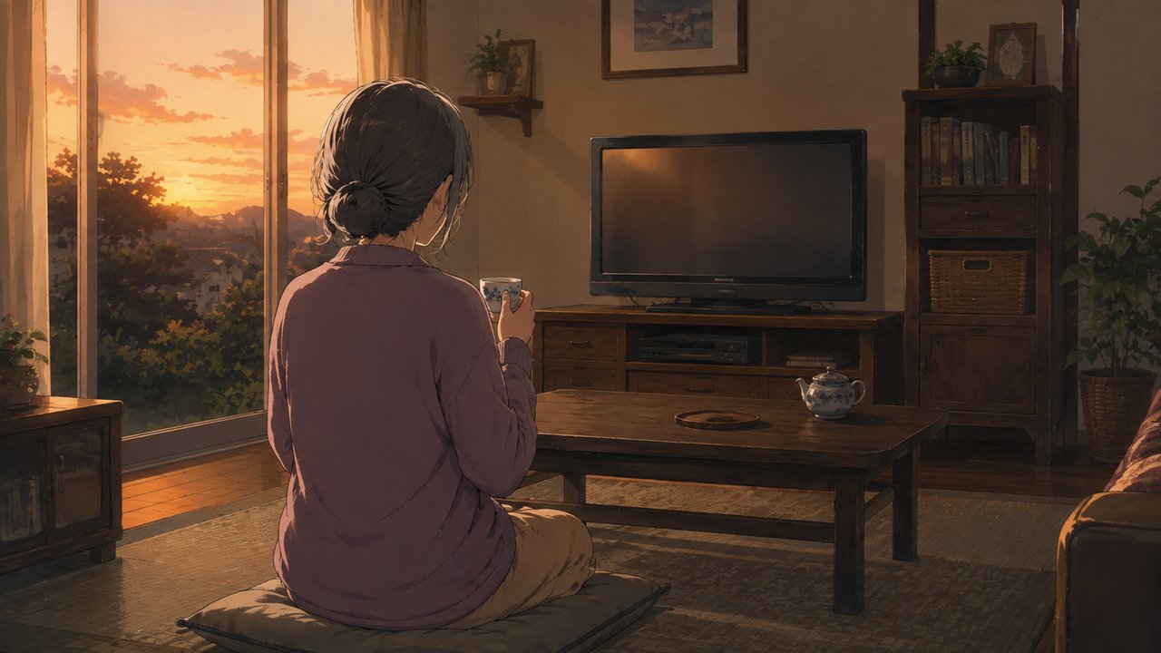 テレビ台の上のストリーミング端末と、それに向けてリモコンを手にした手元