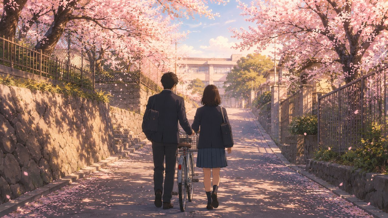 桜並木の坂道を、自転車を押しながら並んで歩く学生服姿の二人の後ろ姿