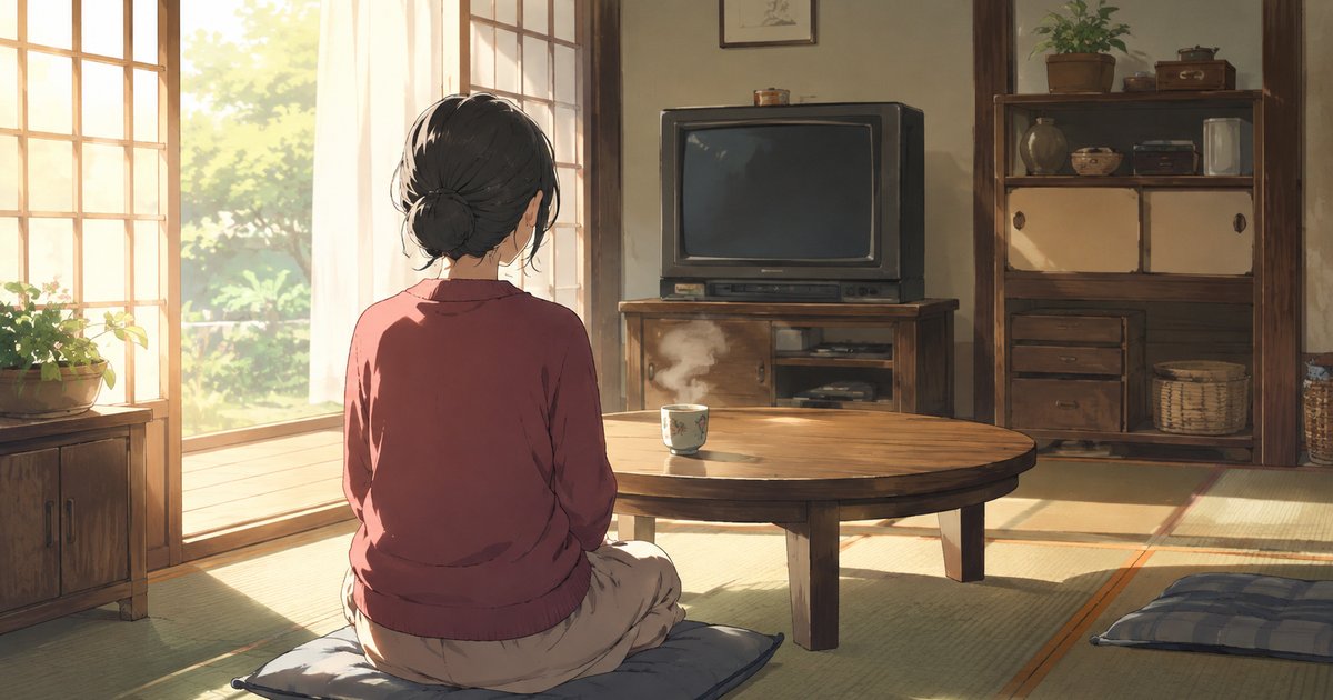 障子越しに朝日が差す畳の居間で、座布団に座り湯気の立つ湯呑みを前にブラウン管テレビを見る女性の後ろ姿
