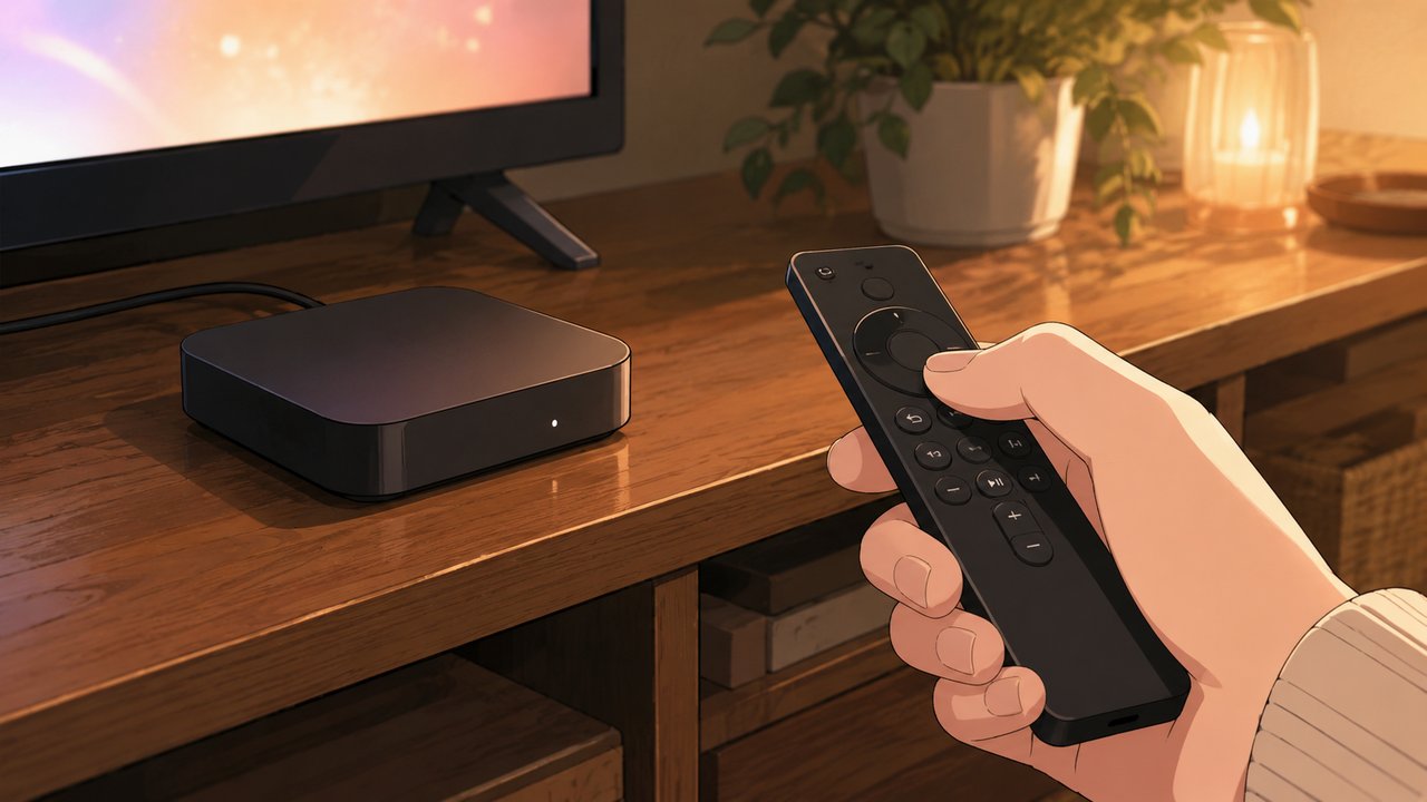 テレビ台に置いたストリーミング端末に向けて、リモコンを手に取り操作しようとしている手元