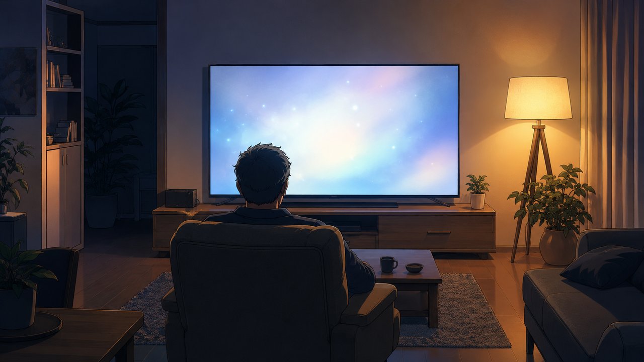 夜の落ち着いたリビングで、大画面テレビに向かってゆったりとくつろぐ男性の後ろ姿