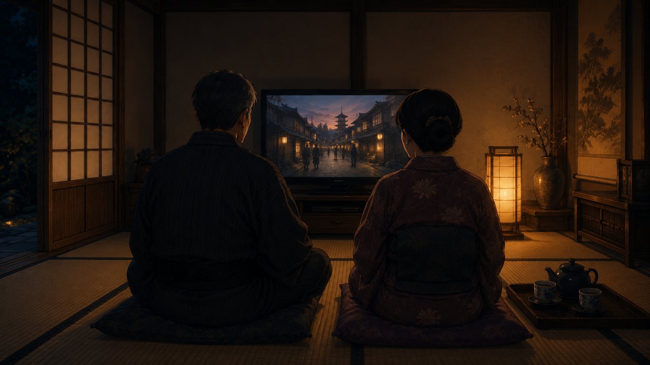 夜の和室で、行灯のやわらかな明かりの中、テレビに映る江戸の町並みを眺める二人の後ろ姿