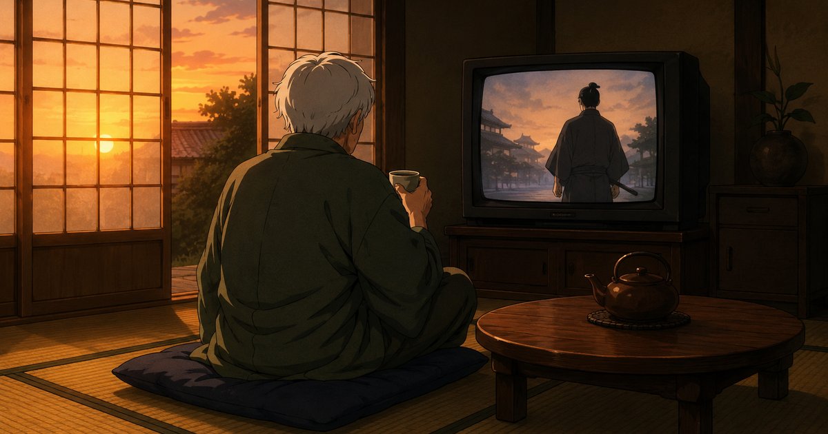 夕焼けが差し込む和室で、湯のみを手にブラウン管テレビの時代劇を眺める人の後ろ姿
