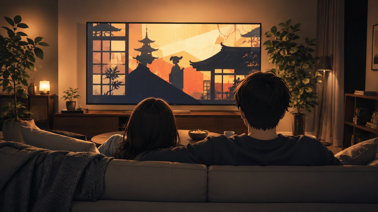 暖かな照明のリビングでソファに並び、大型テレビに映る時代劇の城下町のシルエットを眺める二人の後ろ姿