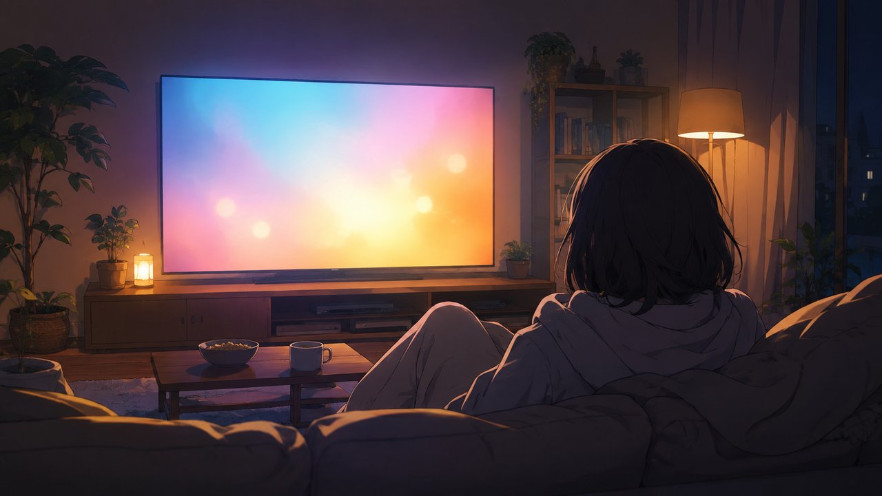 夜のリビングで、ひとりソファにくつろぎながら大画面のテレビを眺めている様子