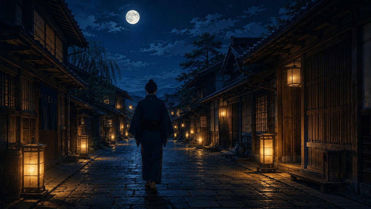 月明かりに照らされた江戸の夜道を、着物姿の人物が歩いている後ろ姿