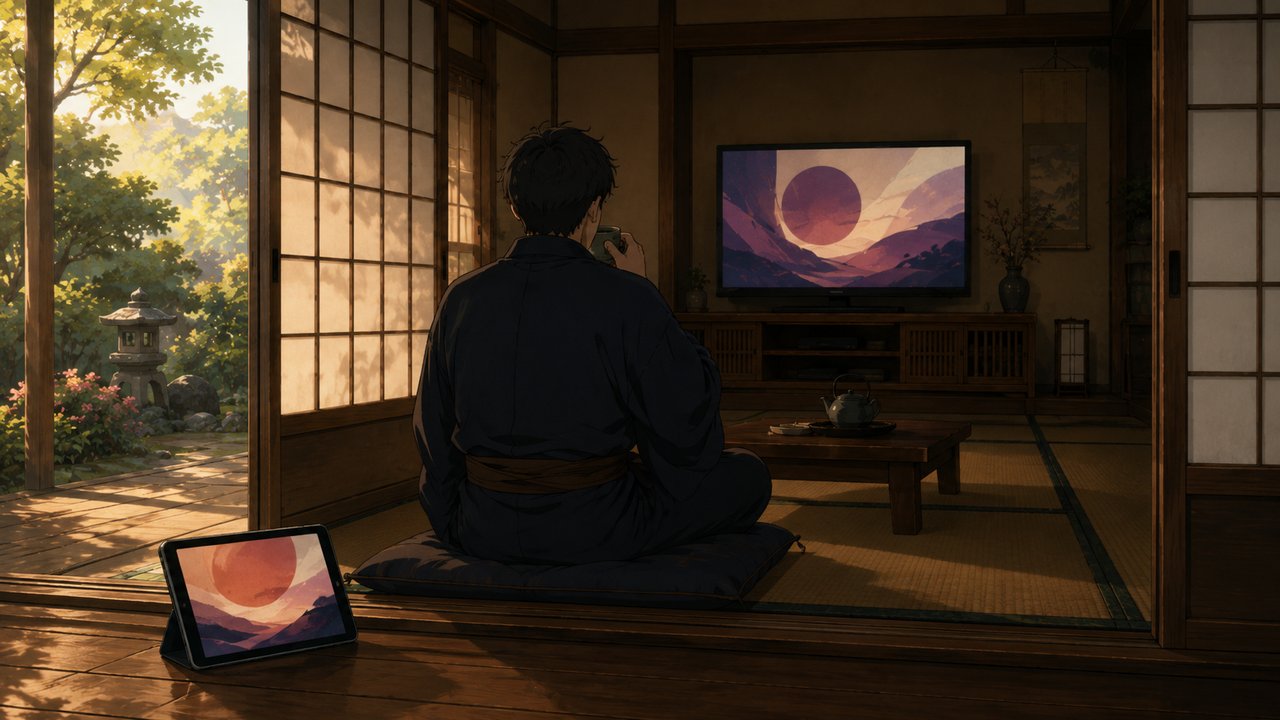 庭に面した明るい和室で、テレビとタブレットの両方に時代劇を映してくつろぐ男性の後ろ姿