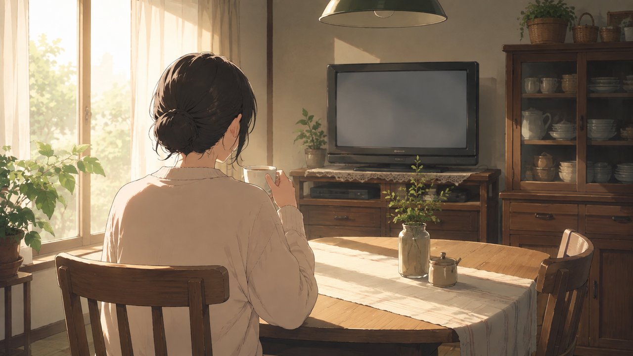 朝の光が差す食卓で、湯呑みを手にテレビを見つめる女性の後ろ姿