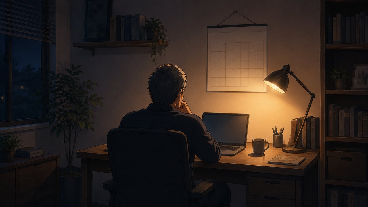 夜の書斎で、壁のカレンダーを見上げながらノートパソコンに向かう人の後ろ姿
