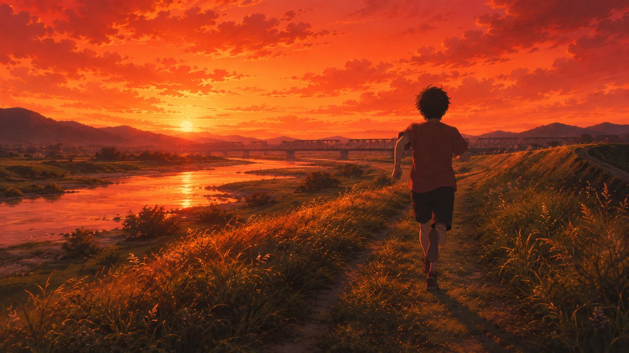 夕焼けに染まる川沿いの土手道を、一人で走っていく若者の後ろ姿