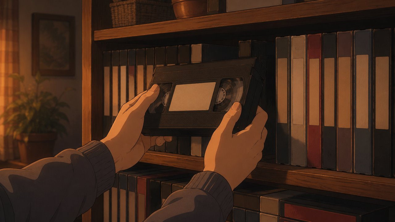 夕暮れの本棚でVHSテープを手に取ろうとする両手のアップ、温かい橙色の光
