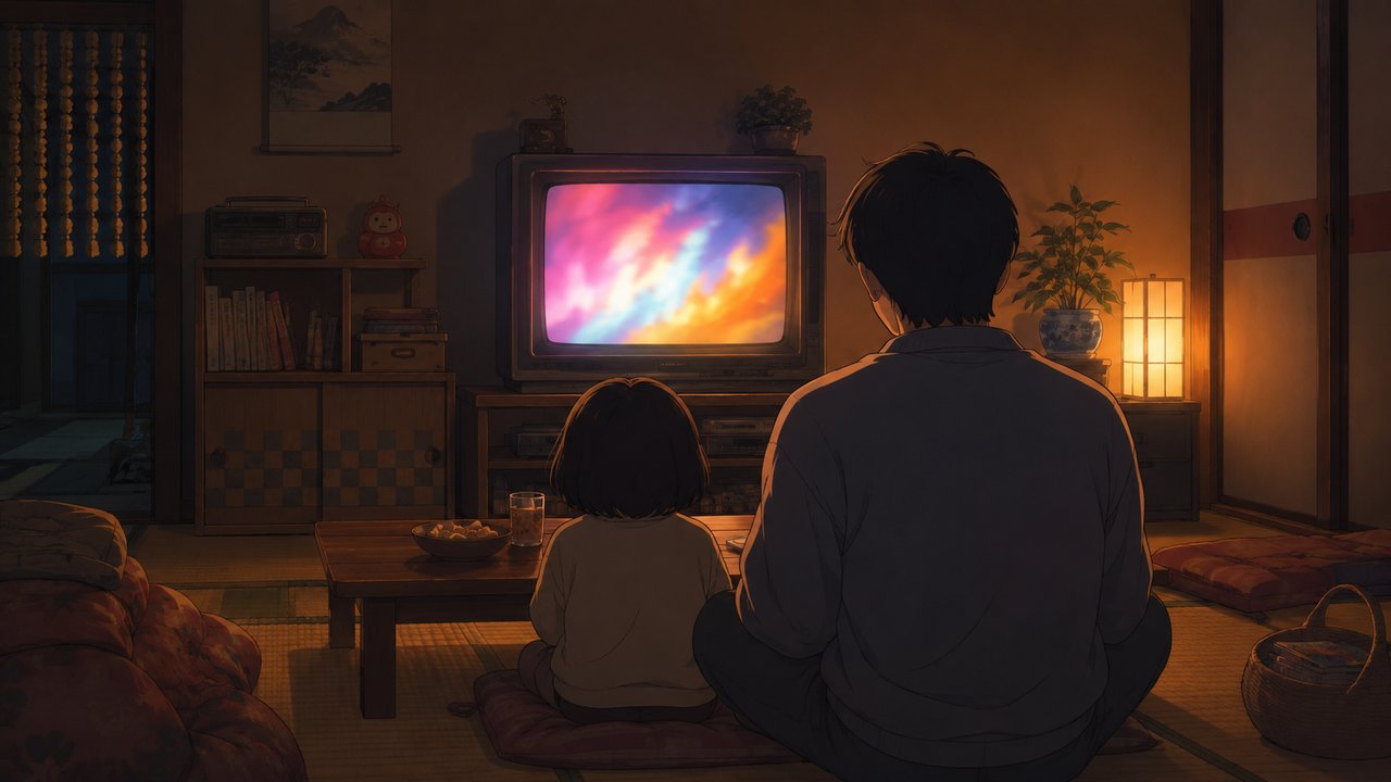 昭和の和室の茶の間。ちゃぶ台の脇でブラウン管テレビを見つめる、おかっぱ髪の子どもと大人の後ろ姿。畳と座布団、行灯風の灯りに照らされた夕暮れの部屋