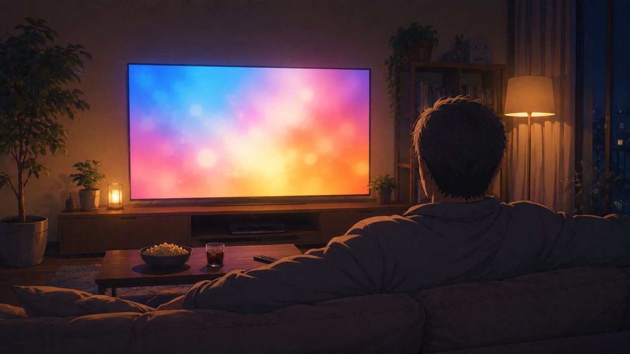 夜のリビングのソファでひとり大型テレビに向かう大人の後ろ姿。ローテーブルにポップコーンとグラス、フロアランプの暖かい灯り