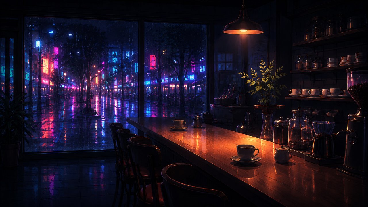 雨に濡れた夜の街あかりが窓に映る、静かな喫茶店のカウンター