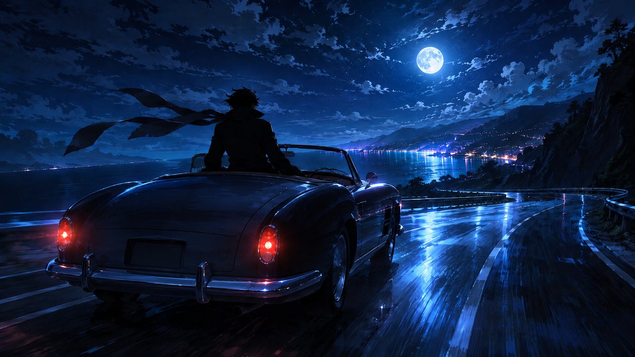 月あかりの海沿いの道を走る旧型のオープンカー、刑事ドラマのカーアクションを思わせる夜の情景