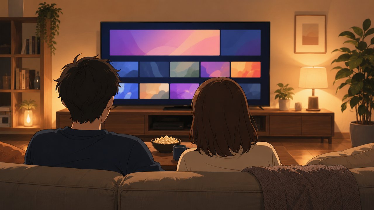 リビングのテレビに配信サービスの作品一覧を映して、並んだ作品を眺めているところ