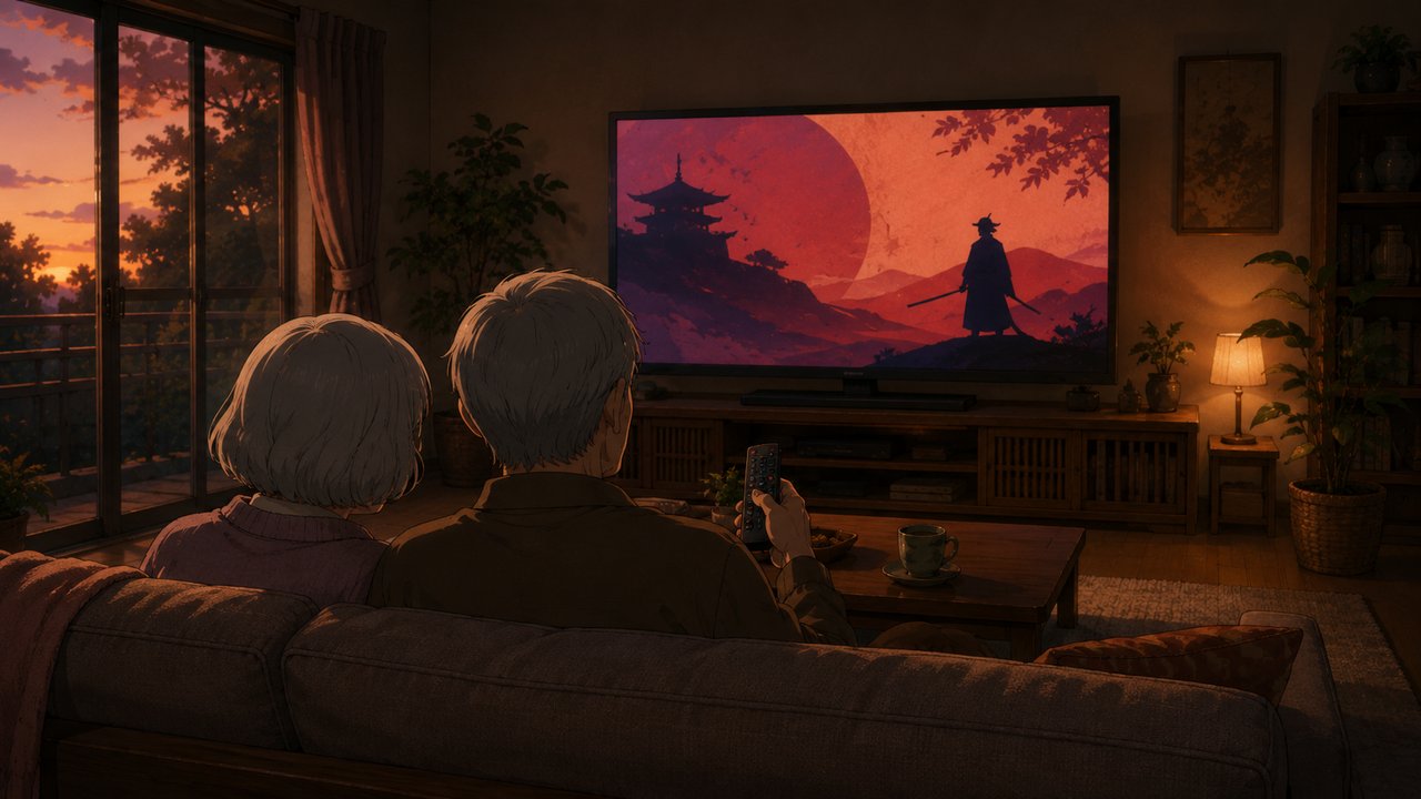 夕暮れのリビングで、ソファに並んで座りリモコンを手に時代劇を見る白髪の夫婦の後ろ姿