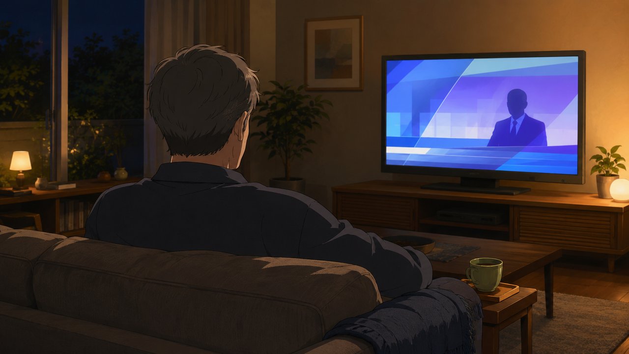 夜の落ち着いた灯りのリビングで、ソファに座った男性が後ろ向きに大きなテレビを眺め、そばの小さなテーブルにマグカップが置かれている