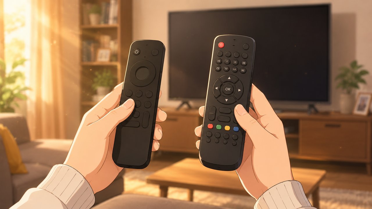 テレビのある部屋で2つのリモコンを左右の手に持って見比べる手元