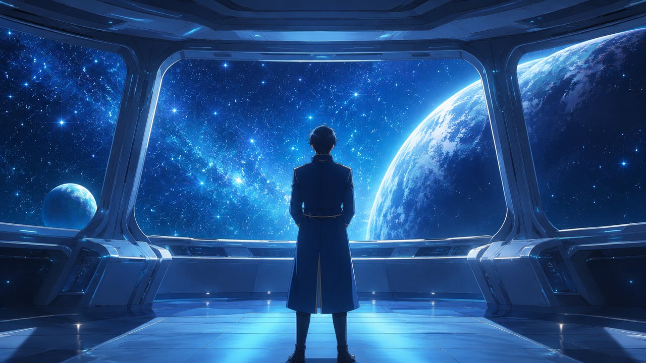 宇宙船の大きな窓の前に立ち、星々と青い惑星を静かに見つめる制服姿の人物の後ろ姿