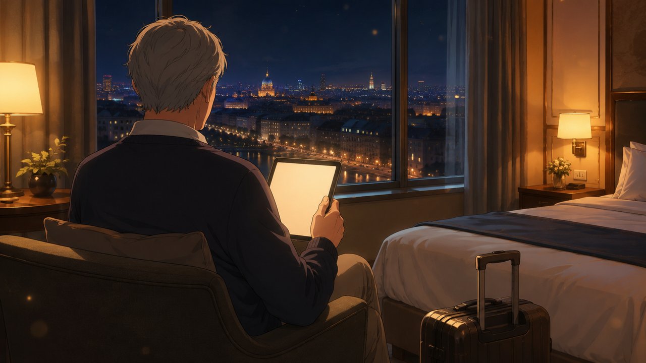 海外ホテルの部屋で夜景を背にタブレットを手にくつろぐ年配旅行者の後ろ姿