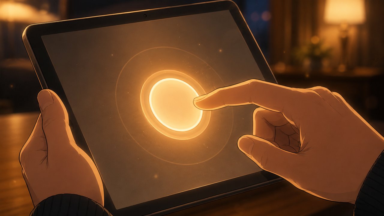 タブレット画面の大きく光る接続ボタンを指でタップする手元